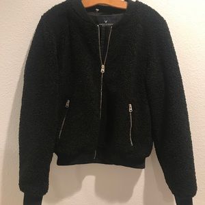 NEW AE Black Fuzzy Bomber Jacket
